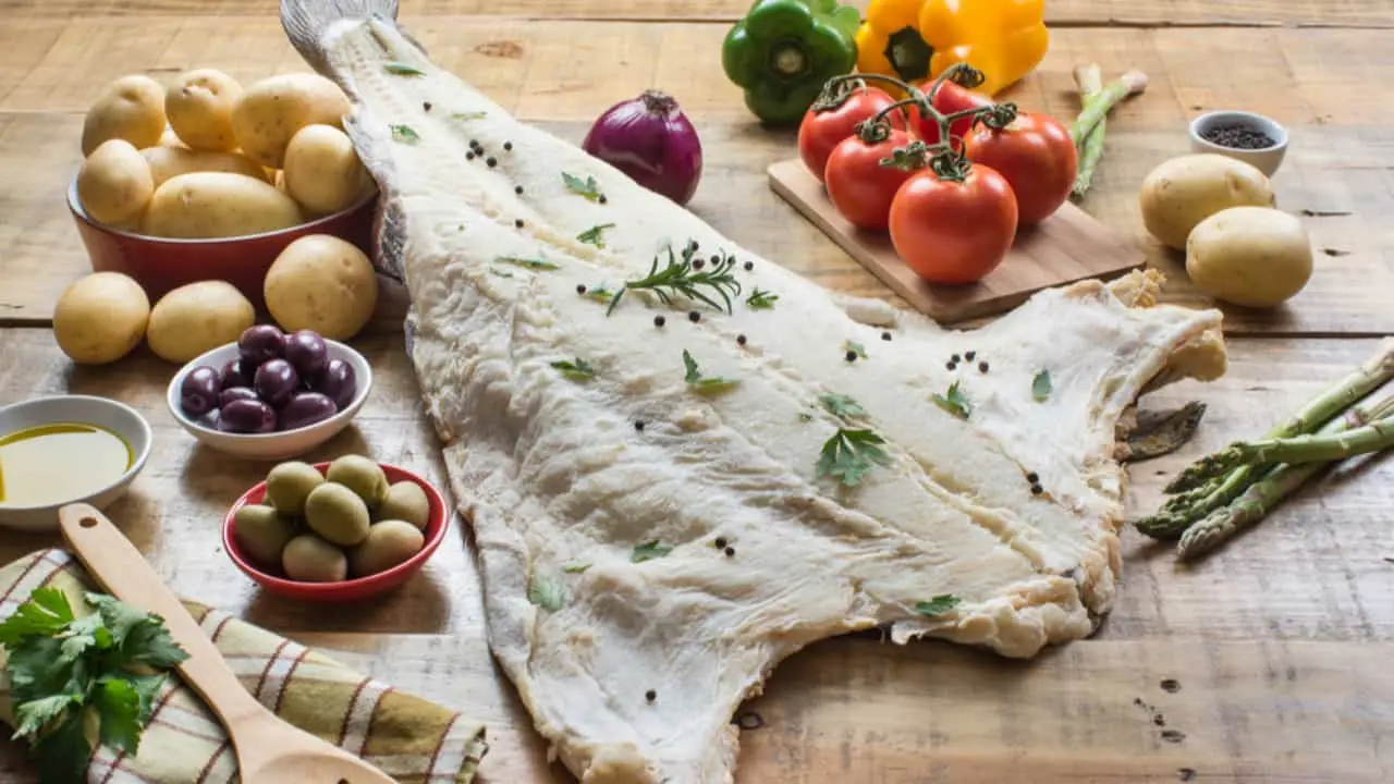 Diferentes espécies de peixes em processo de salga e secura se tornam o bacalhau. 