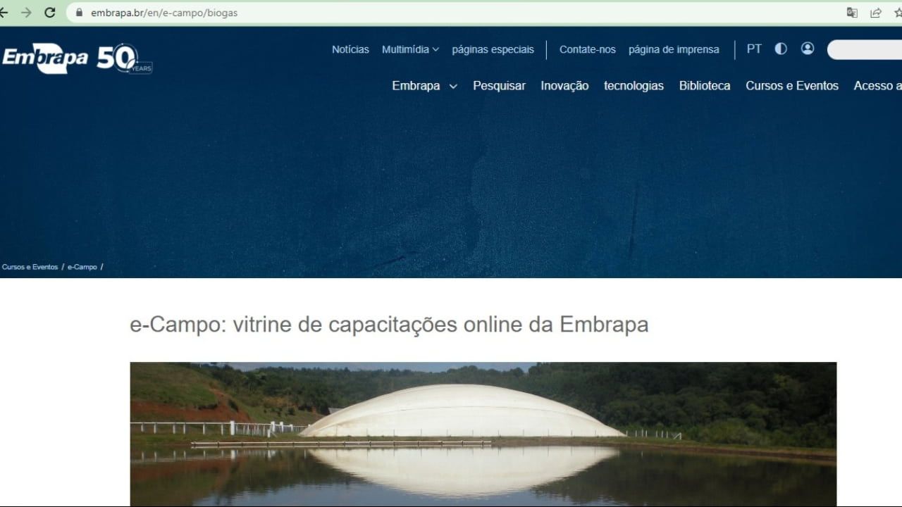 Produção de Biogás é curso online oferecido pela Embrapa 2 Capacitação é online e oferecida na plataforma e-Campo da Embrapa.