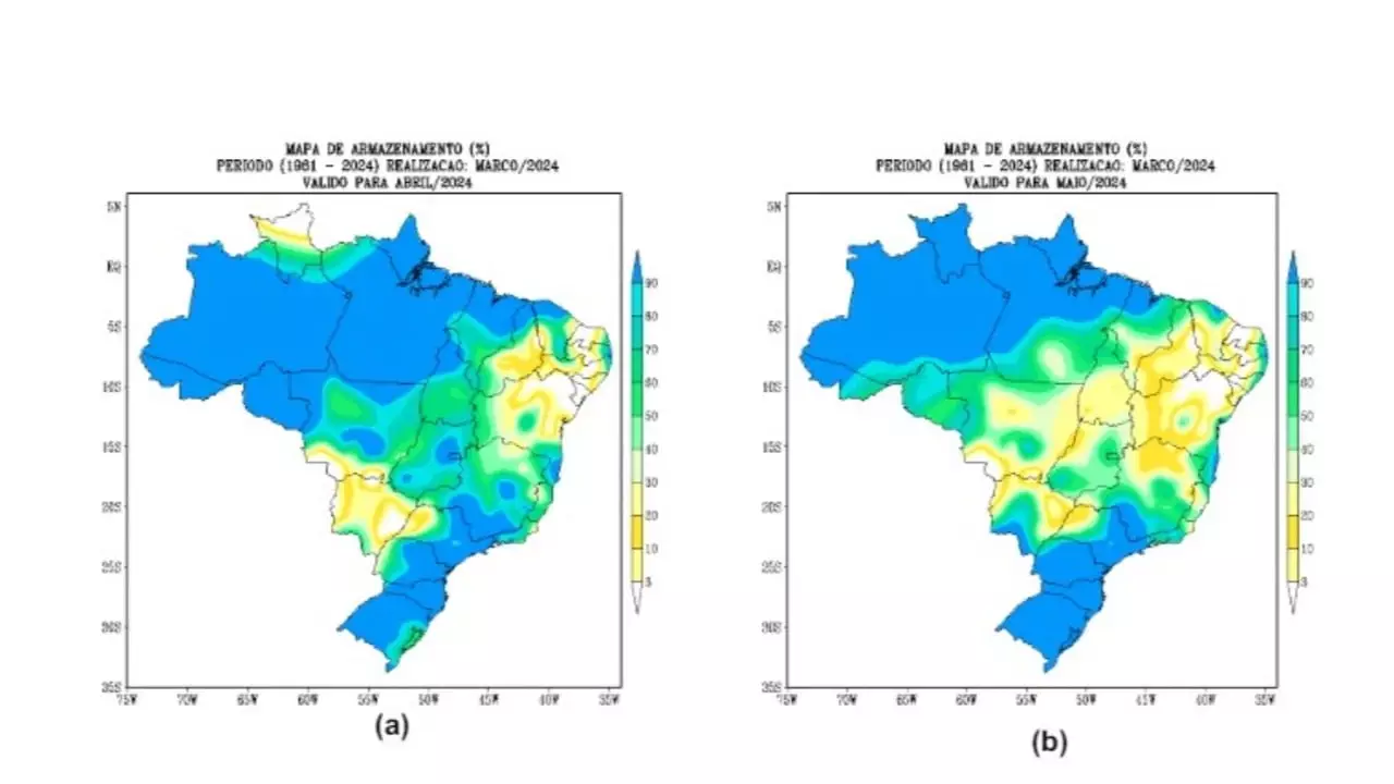 Previsão umidade no solo (%) para os meses de (a) abril/2024 (b) e maio/2024. 