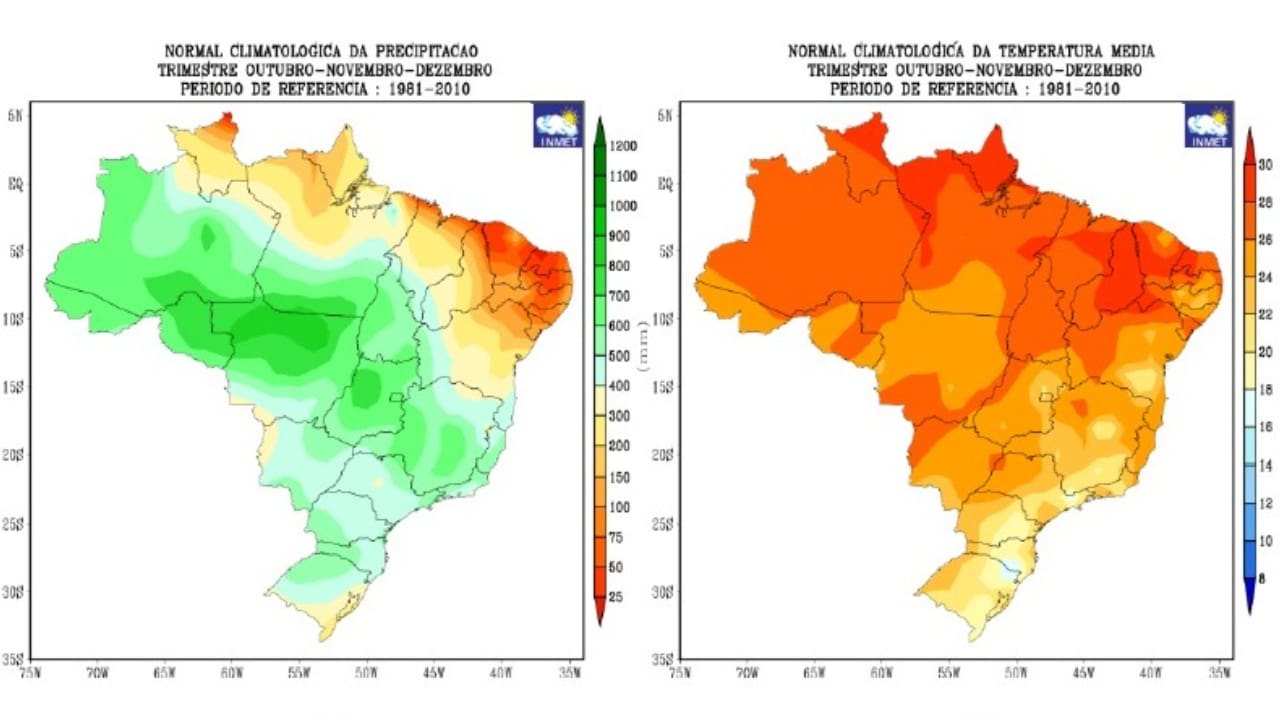 Previsão é de tempo seco e chuvas irregulares pelo Brasil.