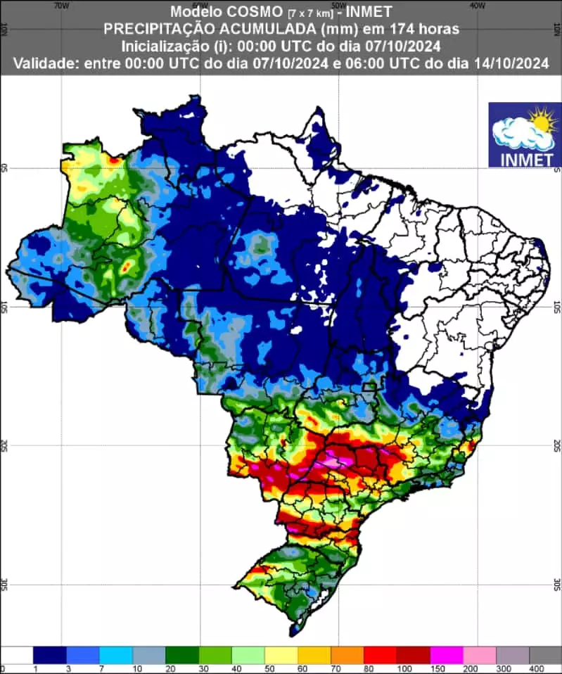 Chuva deve ter volumes maiores na segunda semana de outubro. 