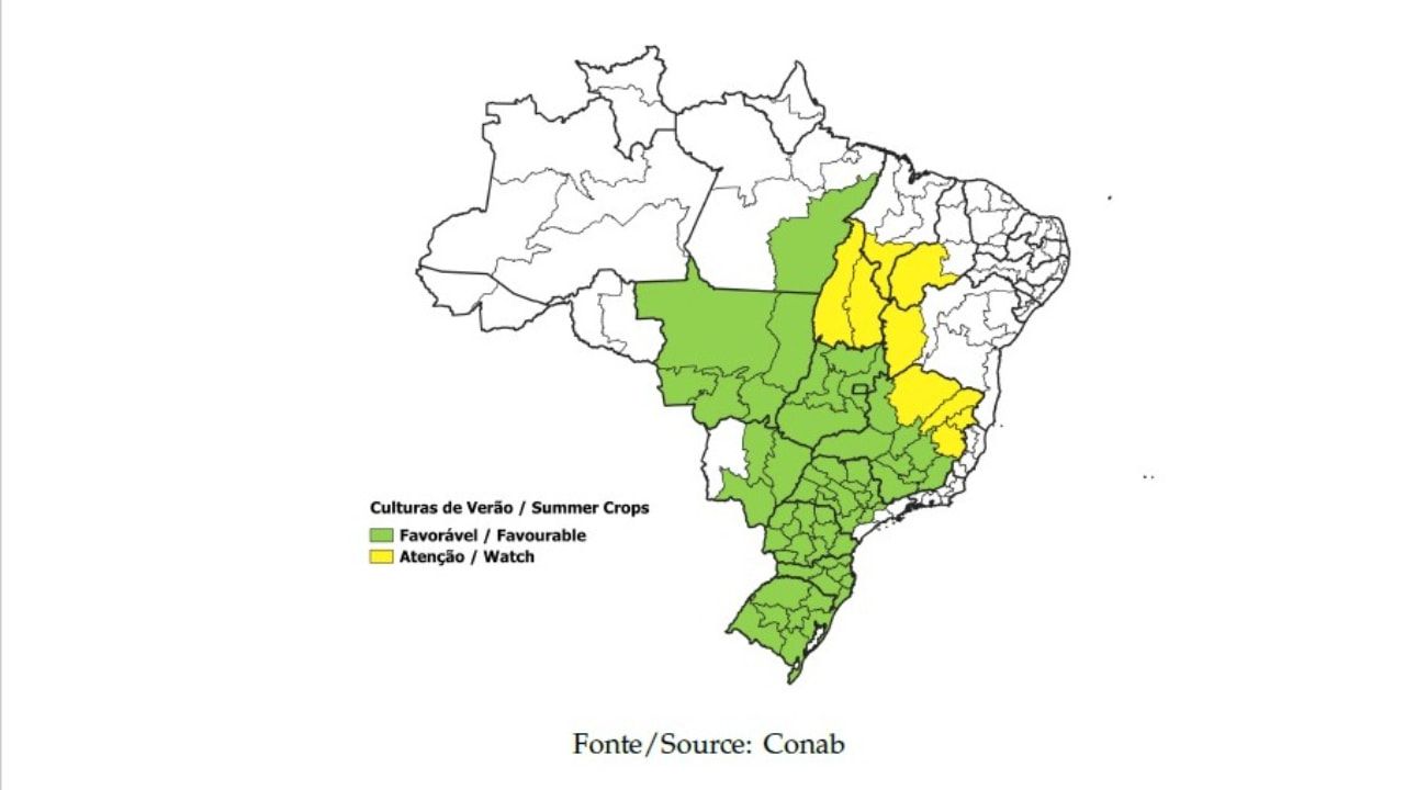 Mapa das condições das lavouras nas principais regiões produtoras. 