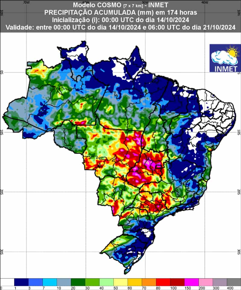 Previsão de chuva de 14 e 21 de outubro de 2024. 