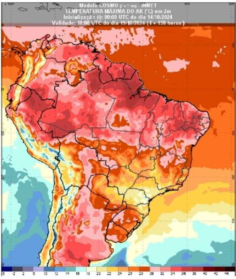 Previsão de temperatura máxima para o dia 19 de outubro de 2024 às 15h (horário de Brasília). 