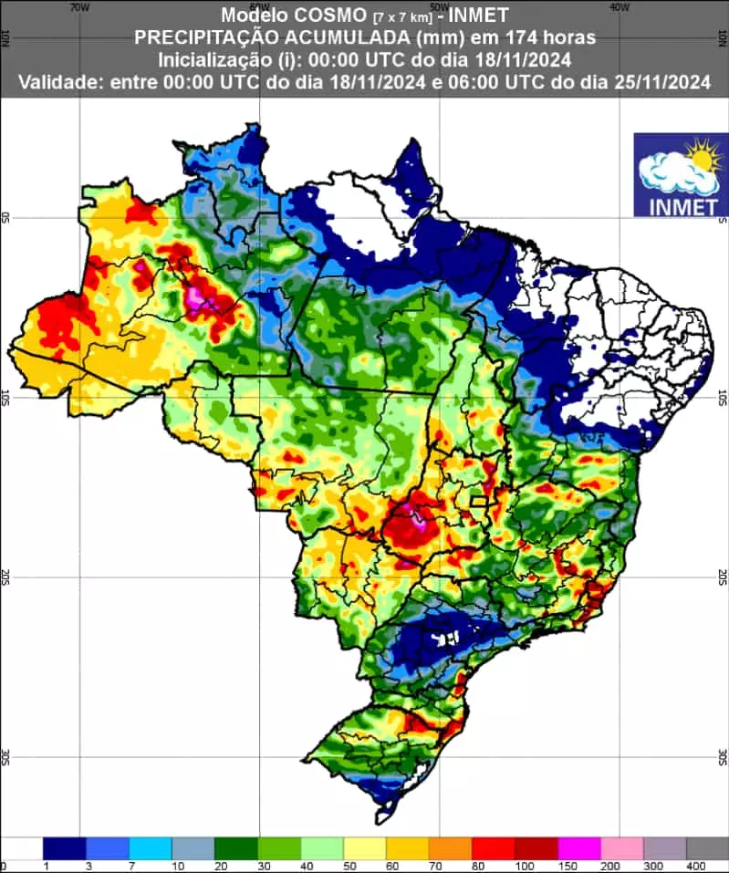 Previsão de chuva de 18 a 25 de novembro de 2024.