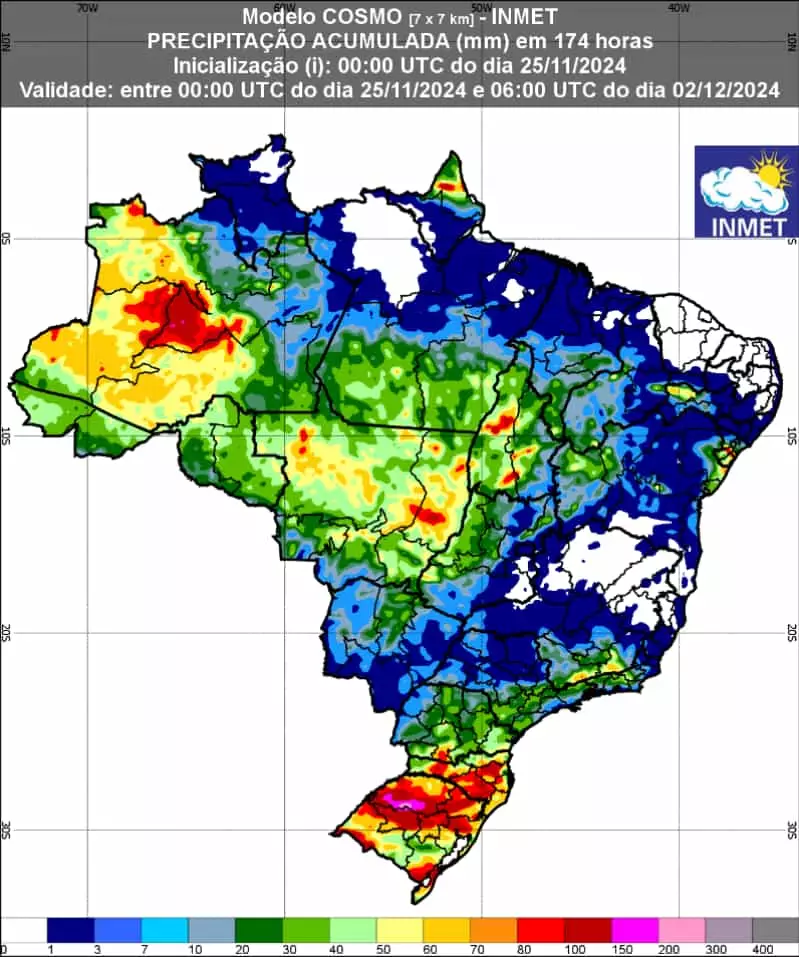 Previsão indica chuva intensa de Norte a Sul do Brasil nesta semana; veja estados 2 Previsão de chuva de 25 de novembro a 02 de dezembro de 2024.