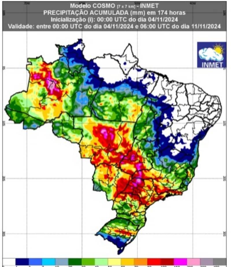 Previsão de chuva entre 04 a 11 de novembro.