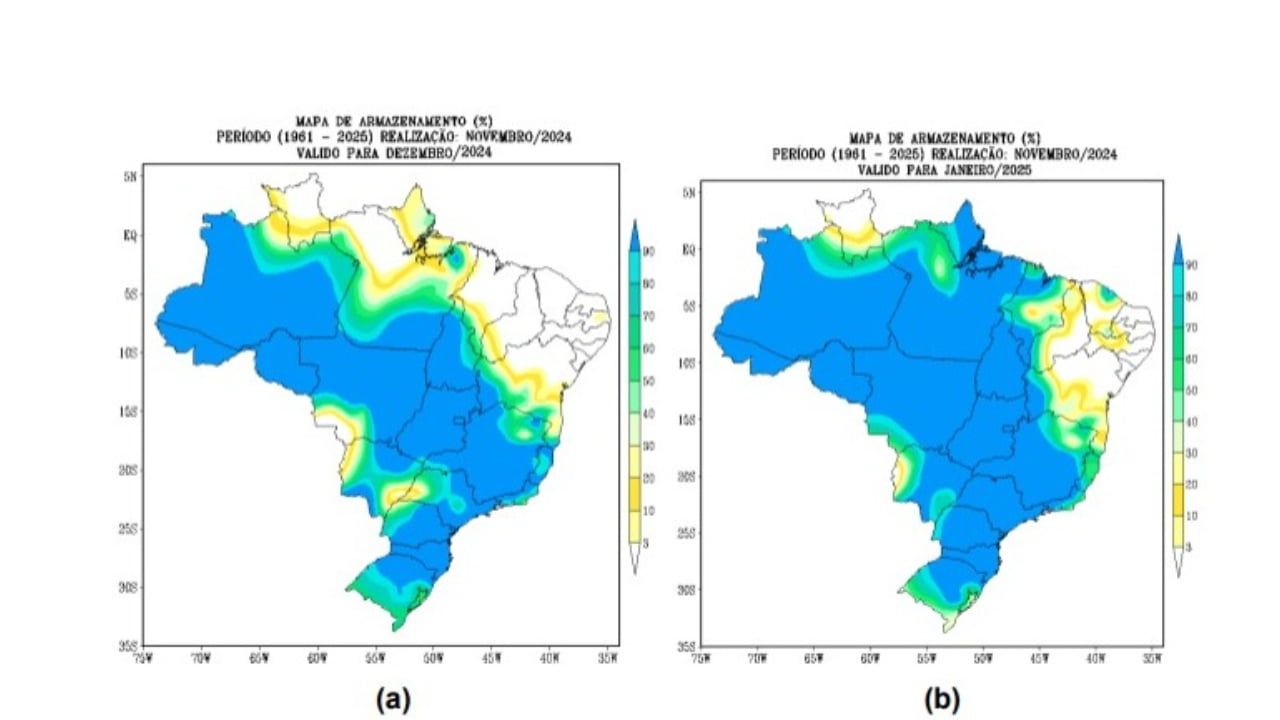 Previsão de armazenamento de água no solo para os meses de dezembro de 2024 e janeiro de 2025. 