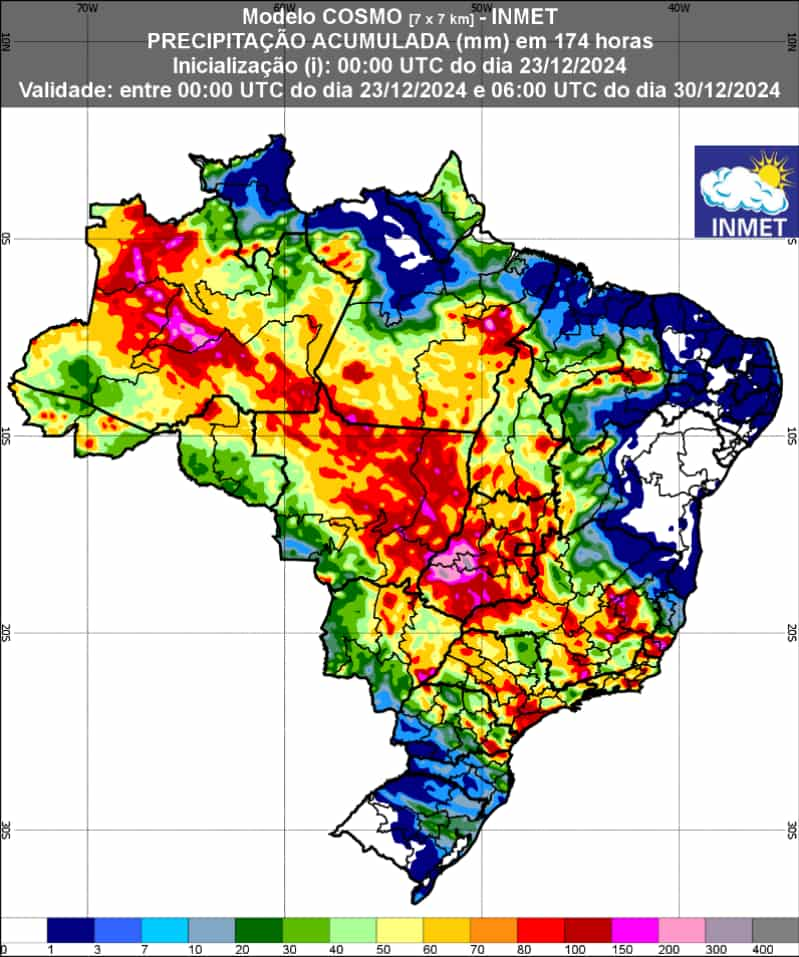 Previsão de chuva de 23 a 30 de dezembro de 2024. 