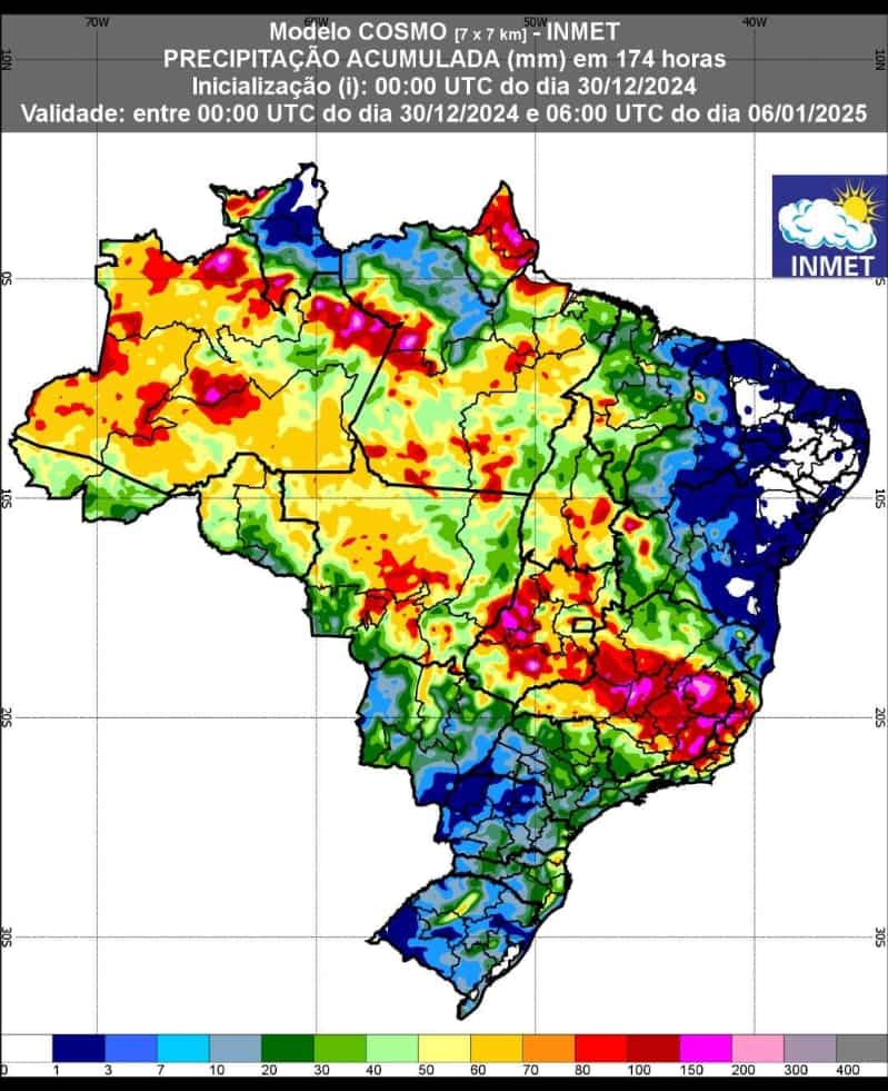 Previsão de chuva para 30 de dezembro de 2024 à 6 de janeiro de 2025.