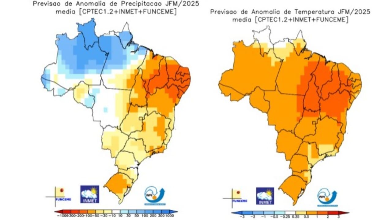 Previsão de precipitação e temperatura média do ar para o trimestre de 2025. 