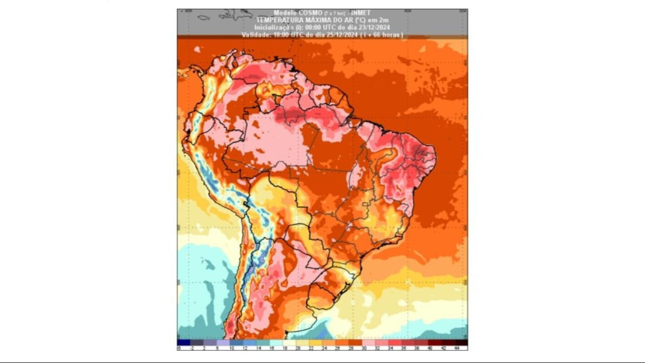 Previsão de temperatura máxima para o dia 25 de dezembro de 2024 às 15h (horário de Brasília). 